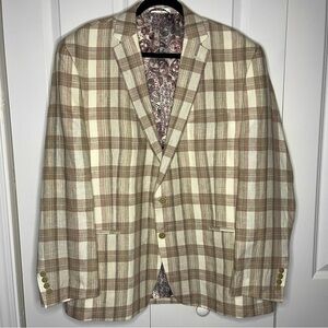 Van Heusen Studio 100% Linen Plaid 48R Blazer Tan Cream Pink Sport Coat Brown